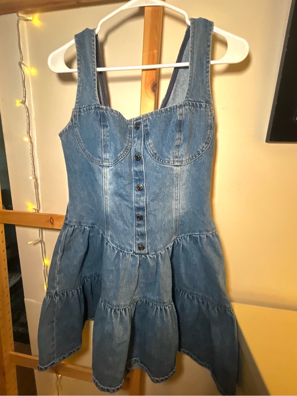 Forever 21 Blue Denim Tiered Pinafore Dress Corset and Front Buttons, size M